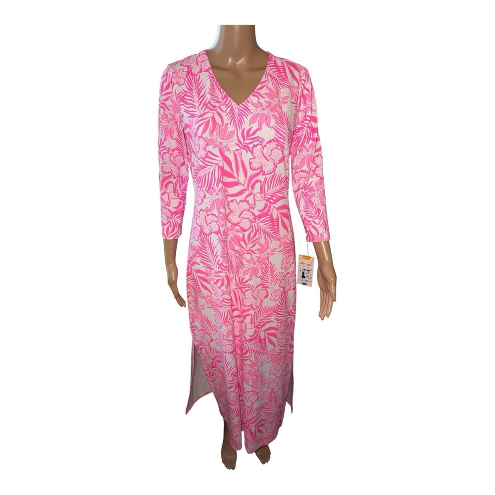New LULU-B Smooth Stretch Pink And White Floral XS Dress MIDI V-Neck UPF 50+